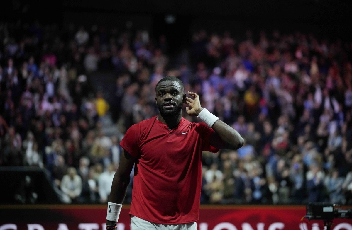 Team World's Frances Tiafoe gestures during his singles tennis match against Team Europe's Stefanos Tsitsipas on the third day of the Laver Cup tennis tournament at the O2 arena in London, S ...