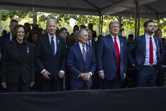 From left, Democratic presidential nominee Vice President Kamala Harris, President Joe Biden, former New York Mayor Michael Bloomberg, Republican presidential nominee former President Donald Trump and ...
