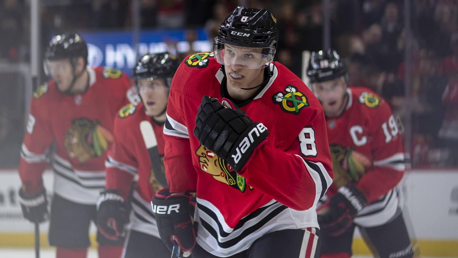 February 19, 2020: Chicago, Illinois, U.S. - Blackhawks 8 Dominik Kubalik celebrates his goal with teammates during the National Hockey League game between the Chicago Blackhawks and the New York Rang ...