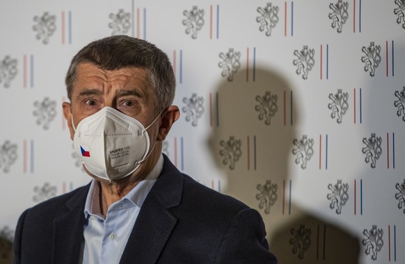 epa09142040 Czech Prime Minister Andrej Babis attends a press conference with Czech Foreign Minister Jan Hamacek (not pictured), at the Czernin Palace in Prague, Czech Republic, 17 April 2021. Accordi ...