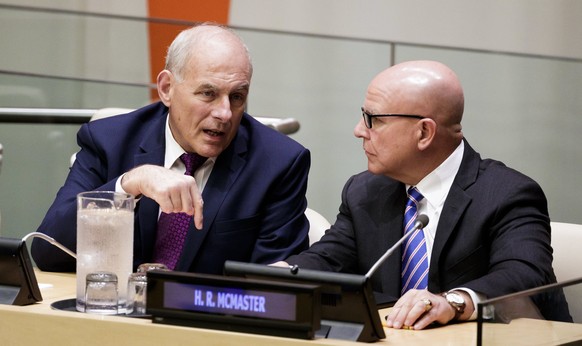 epa06212414 White House Chief of Staff John Kelly (L) and H.R. McMaster (R), President Donald J. Trump&#039;s national security adviser, talk before a meeting where Trump spoke about reforming the Uni ...