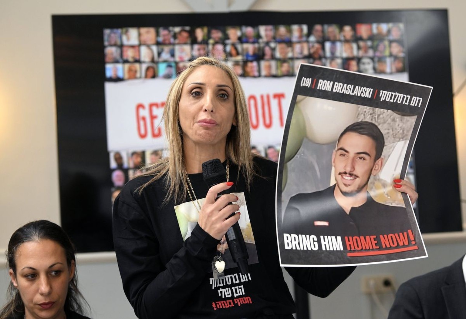 PC by a delegation of families of Israeli hostages BRUSSELS, BELGIUM - FEBRUARY 20 : Family ROM BRASLAVSKI pictured during the PC by a delegation of families of Israeli hostages, in the presence of Ha ...