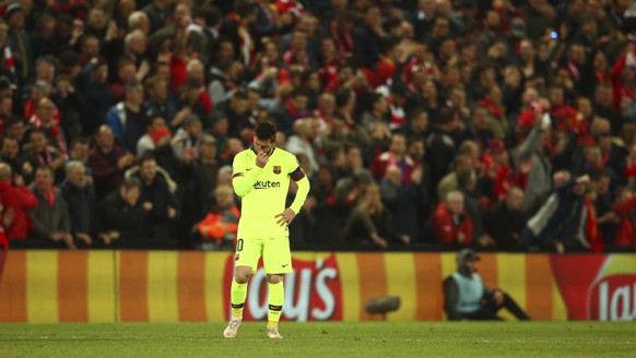 Barcelona&#039;s Lionel Messi reasts as Liverpool&#039;s Georginio Wijnaldum celebrates with teammates scoring his side&#039;s 2nd goal during the Champions League semifinal, second leg, soccer match  ...
