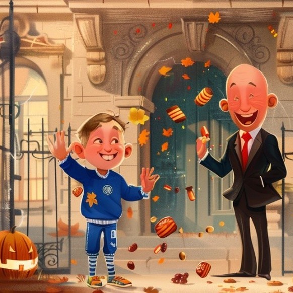 Whimsical children’s book illustration of a cheerful Halloween scene in a cozy Swiss neighborhood. 
A smiling character in bright blue football clothes representing FC Luzern stands at the gate of a l ...