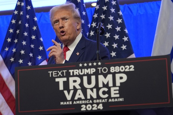 Republican presidential nominee former President Donald Trump speaks during an event on combating antisemitism at Trump National Golf Club, Thursday, Aug. 15, 2024, in Bedminster, N.J. (AP Photo/Julia ...