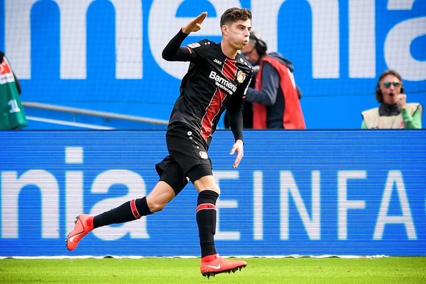 epa07488419 Leverkusen&#039;s Kai Havertz celebrates after scoring the 2-1 lead during the German Bundesliga soccer match between Bayer Leverkusen and RB Leipzig in Leverkusen, Germany, 06 April 2019. ...