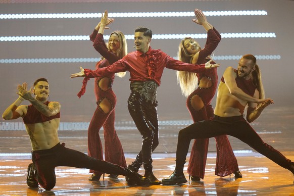 WRS from Romania singing &#039;Llamane&#039; performs during rehearsals at the Eurovision Song Contest in Turin, Italy, Wednesday, May 11, 2022. (AP Photo/Luca Bruno)