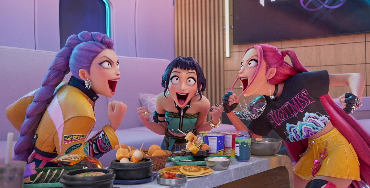 This image released by Netflix shows characters, from left, Rumi, Zoey, and Mira in a scene from "KPop Demon Hunters." (Netflix via AP)
Music-KPop Demon Hunters