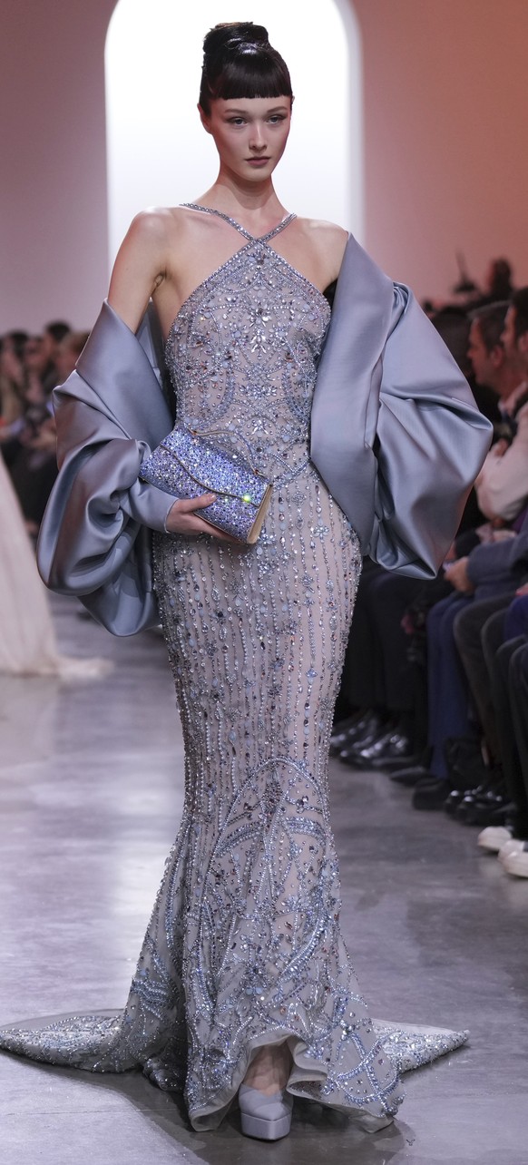 A model wears a creation as part of Elie Saab Haute Couture Spring Summer 2025 collection, that was presented in Paris, Wednesday, Jan. 29, 2025. (AP Photo/Lewis Joly)
