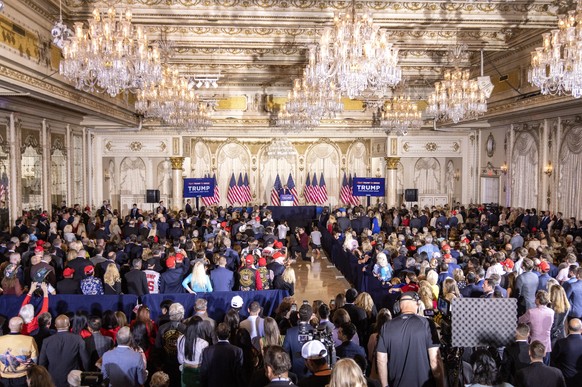 epa10559080 Former US President Donald J. Trump delivers remarks at his Mar-a-Lago resort in Palm Beach, Florida, USA, 04 April 2023. A Manhattan grand jury voted to indict former President Donald J.  ...
