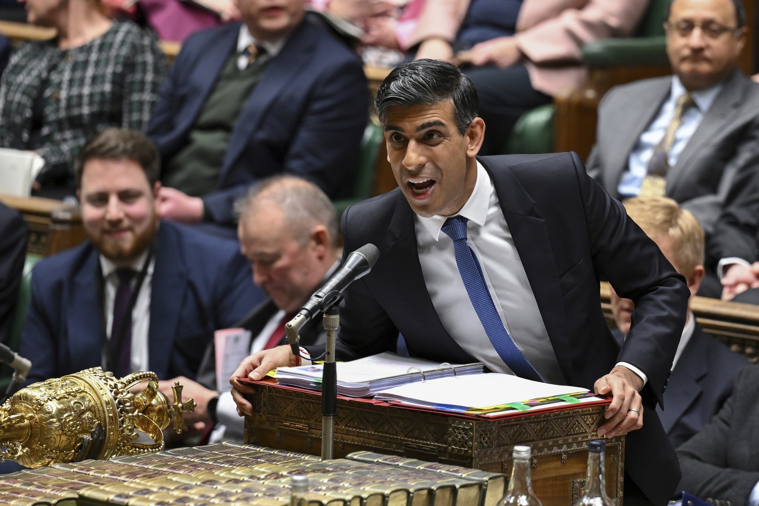 In this photo issued by UK Parliament, Britain&#039;s Prime Minister Rishi Sunak speaks during Prime Minister&#039;s Questions in the House of Commons, London, Wednesday Jan. 17, 2024. (Jessica Taylor ...