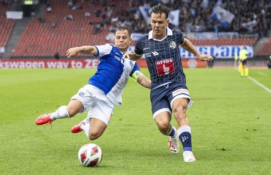 Grasshoppers Amir Abrashi, links, spielt um den Ball mit FC Luzerns Ardon Jashari, rechts, im Fussball Meisterschaftsspiel der Super League zwischen dem Grasshopper Club Zuerich und dem FC Luzern im L ...