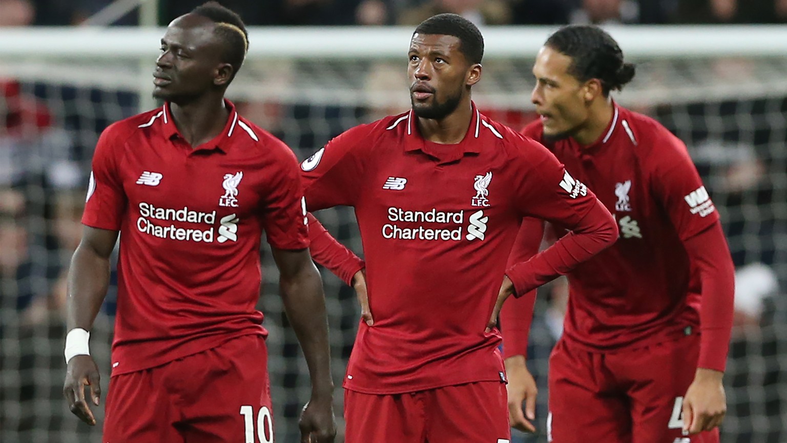 epa07547529 Liverpool&#039;s (L-R) Sadio Mane, Georginio Wijnaldum and Virgil van Dijk react during the English Premier League soccer match between Newcastle United and Liverpool FC at St James&#039;  ...