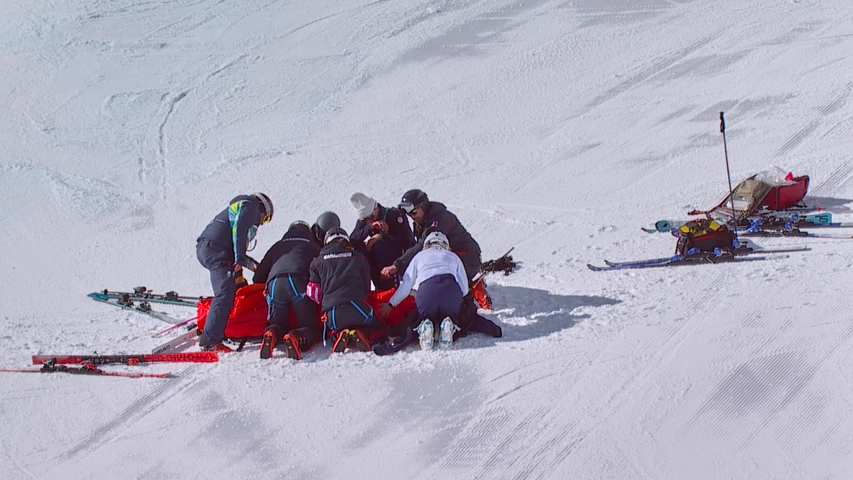 In this image taken from video provided by Olympic Broadcasting Services, OBS, United States' Lindsey Vonn is prepared for evacuation after crashing during an alpine ski women's downhill rac ...