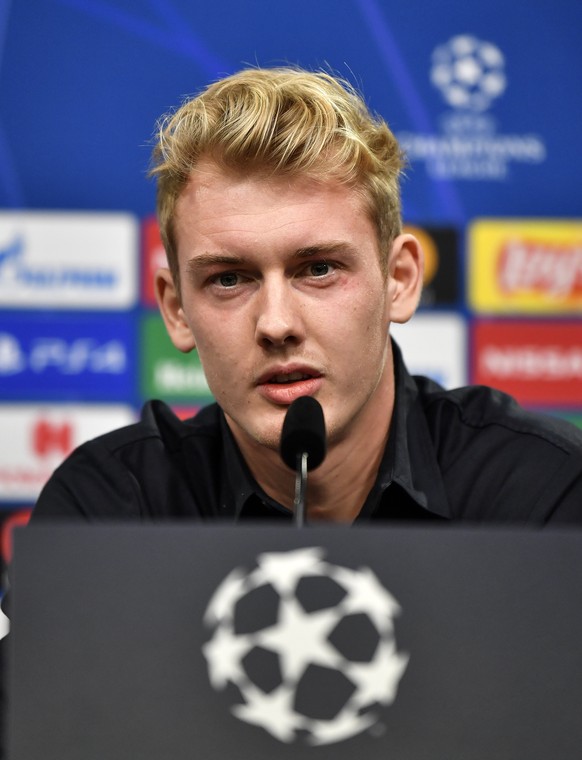 Dortmund&#039;s Julian Brandt talks to the media at a press conference in Dortmund, Germany, Monday, Nov. 4, 2019. Borussia Dortmund plays Inter Milan in a Champions League Group F soccer match in Dor ...