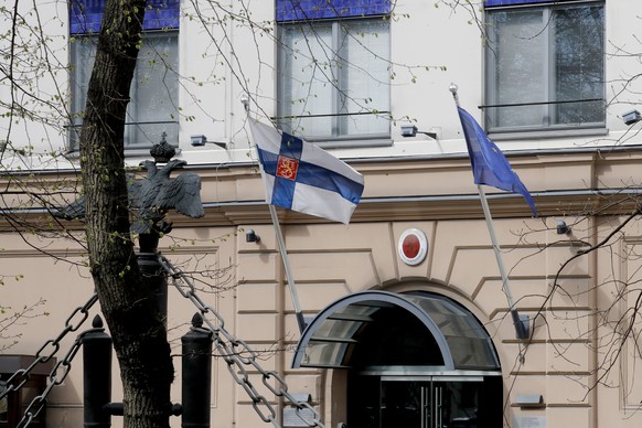 epa09944583 The General Consulate of Finland in St. Petersburg, Russia, 13 May 2022. Russian President Vladimir Putin and permanent members of the Russian Security Council convened on 13 May to discuss the potential threats coming from the decision of Finland and Sweden to join NATO, according to Kremlin spokesman Dmitry Peskov.  EPA/ANATOLY MALTSEV