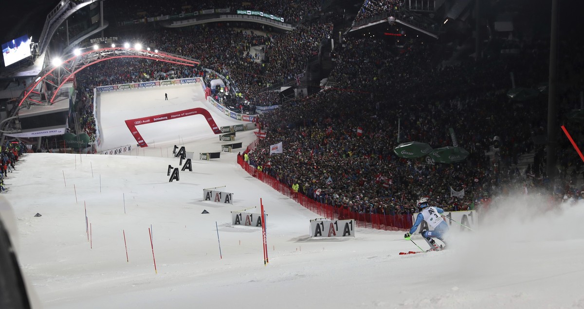 Norway's Henrik Kristoffersen competes during an alpine ski, men's World Cup slalom, in Schladming, Austria, Tuesday, Jan. 23, 2017. (AP Photo/Shinichiro Tanaka)