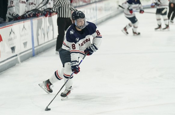 NCAA, College League, USA Hockey: Boston U at Connecticut Feb 25, 2025 Storrs, CT, USA UConn forward Joey Muldowney 8 looks for an opening against Boston University during the second period at Toscano ...