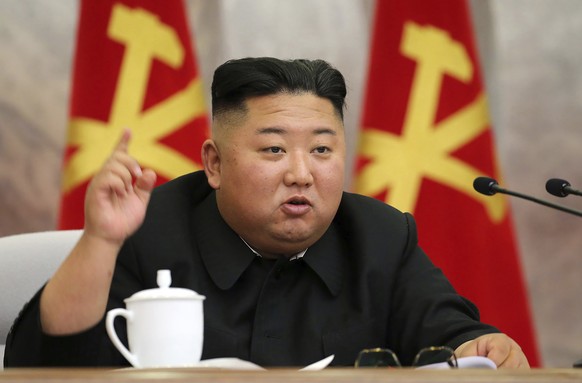 FILE - In this undated file photo provided on Sunday, May 24, 2020, by the North Korean government, North Korean leader Kim Jong Un speaks during a meeting of the Seventh Central Military Commission o ...