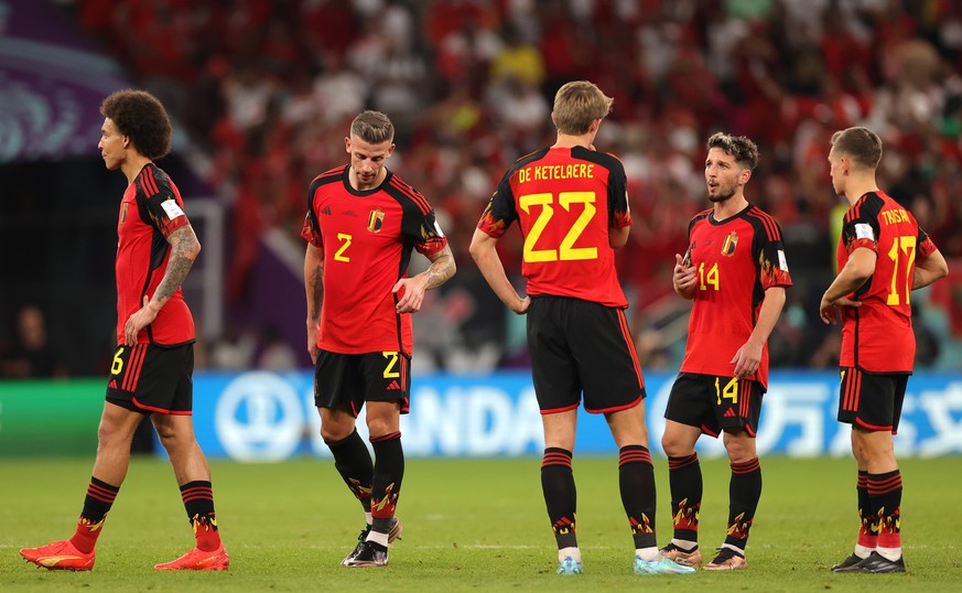 epa10332456 Players of Belgium react after losing the FIFA World Cup 2022 group F soccer match between Belgium and Morocco at Al Thumama Stadium in Doha, Qatar, 27 November 2022. EPA/Friedemann Vogel