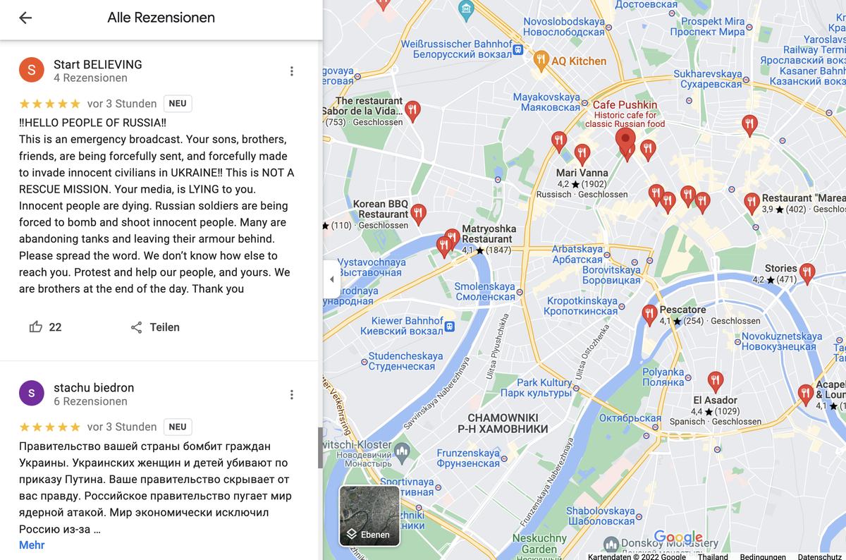 Google Reviews für russische Restaurants, um die Bürger über den Ukraine Krieg aufzuklären