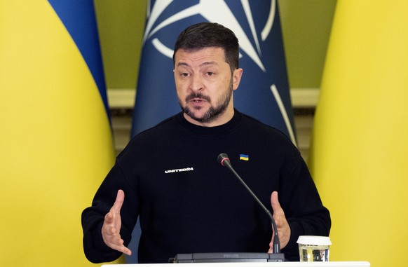 Ukrainian President Volodymyr Zelenskyy speaks during a joint press conference with NATO Secretary General Jens Stoltenberg in Kyiv, Ukraine, Thursday, April 20, 2023. (AP Photo/Efrem Lukatsky)