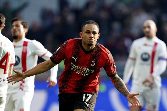 Monza&#039;s Noah Okafor celebrates scoring their side&#039;s third goal of the game during the Serie A soccer match between AC Milan and AC Monza at San Siro stadium in Milan, Italy, Sunday Dec. 17,  ...