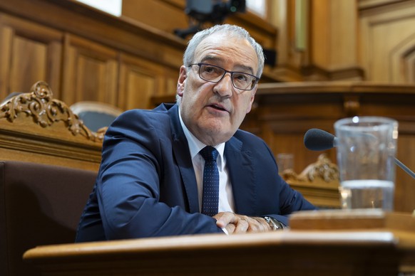 Bunderat Guy Parmelin spricht waehrend einer Debatte waehrend der Herbstsession der Eidgenoessischen Raete, am Montag, 8. September 2025 im Staenderat in Bern. (KEYSTONE/Peter Klaunzer)