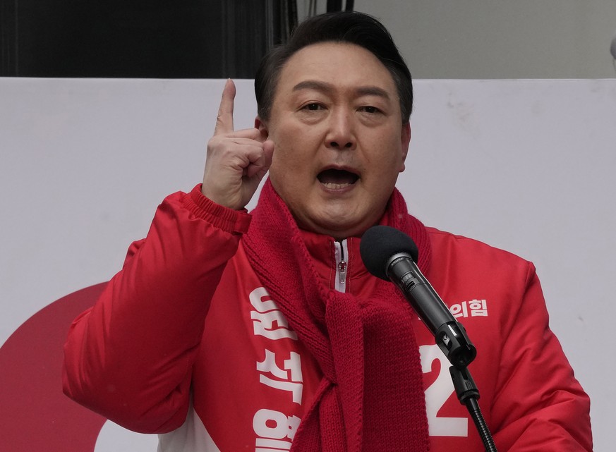 Yoon Suk Yeol, the presidential candidate of the main opposition People Power Party, speaks during a presidential election campaign in Seoul, South Korea on Feb. 15, 2022. An unusually bitter election ...