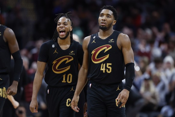 Cleveland Cavaliers guard Darius Garland (10) celebrates with guard Donovan Mitchell (45) during the second half of an NBA basketball game against the Boston Celtics, Monday, March 6, 2023, in Clevela ...