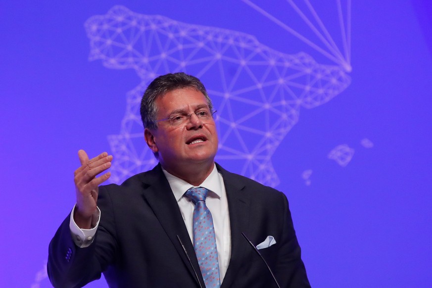 epa09214701 EU Commission&#039;s Vice-President for Interinstitutional Relations and Foresight Maros Sefcovic delivers a speech during the launching &#039;Spain 2050&#039; report in Madrid, Spain, 20  ...