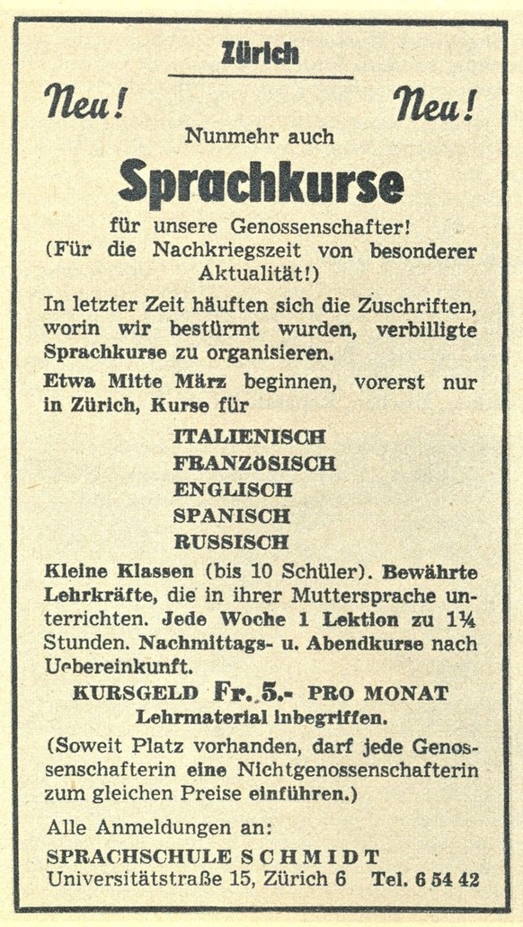 MGB_Dok_Fo_128267 Migros Klubschule: Erstes
Inserat für Sprachkurse ca. 1944