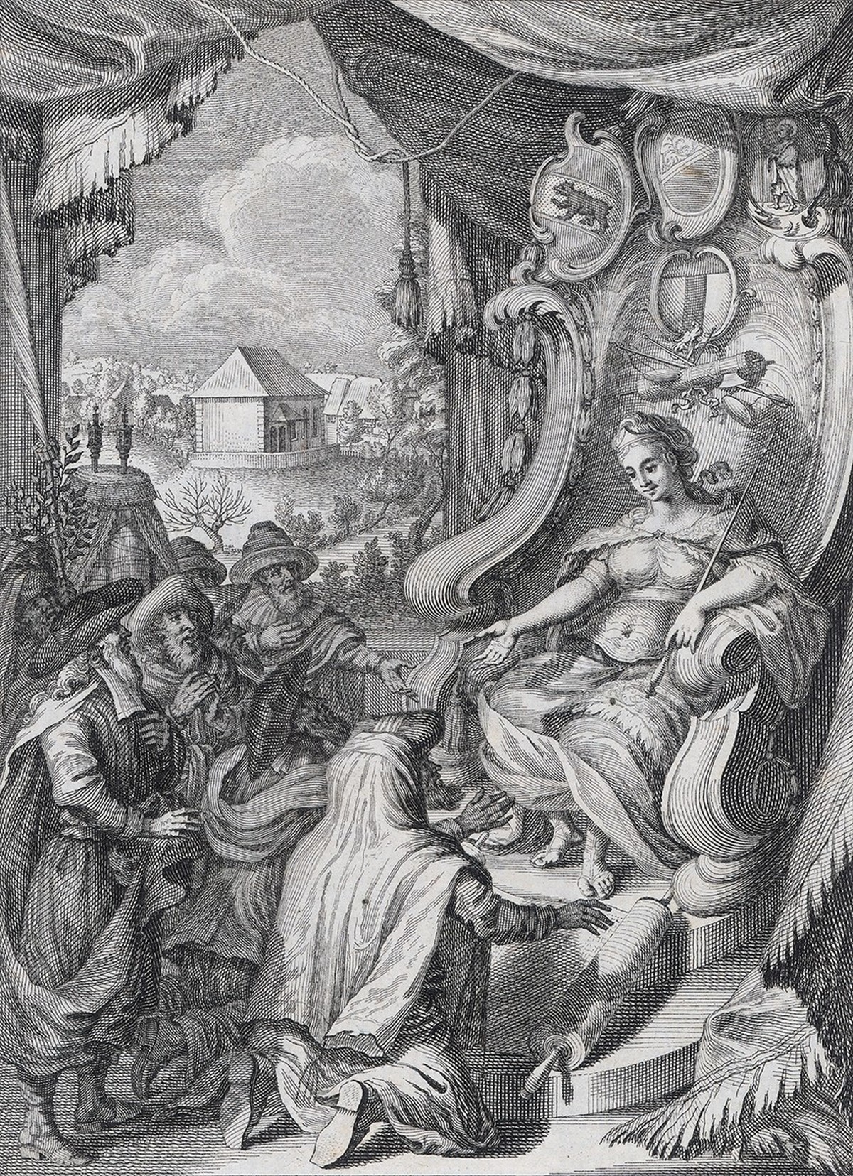 Gravure de Johann Rudolf Holzhalb: Les juifs de Lengnau et d'Endingen rendent hommage à une figure allégorique. Dans l’ancienne Confédération, tous les seize ans, les juifs devaient acheter au ba ...