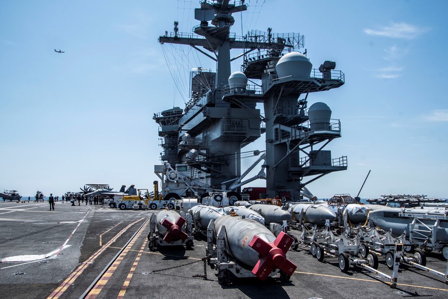 epa07510573 General view of the United States Navy USS Abraham Lincoln aircraft carrier during its visit to the Palma Bay in Palma, Balearic Islands, Spain, 16 April 2019. The USS Abraham Lincoln is i ...