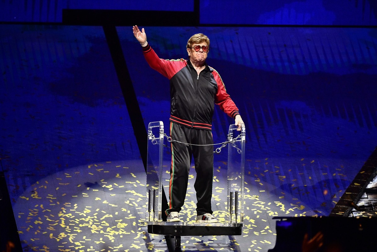Elton John performs at the final leg of his 'Farewell Yellow Brick Road' tour in Stockholm, Saturday, July 8, 2023. (AP Photo/Caisa Rasmussen)