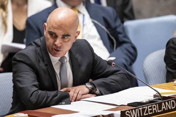 Alain Berset, Swiss Federal President, chairs a Security Council Open Debate on the security and dignity of civilians in conflict, on Tuesday, May 23, 2023 at the UN headquarters in New York, USA. Ala ...