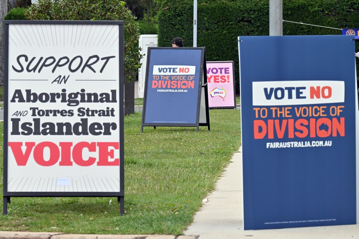 epa10917982 Campaign signs are seen outside the voting centre at Old Parliament House in Canberra, Australia, 14 October 2023. Australians will participate in a historic referendum on 14 October to de ...