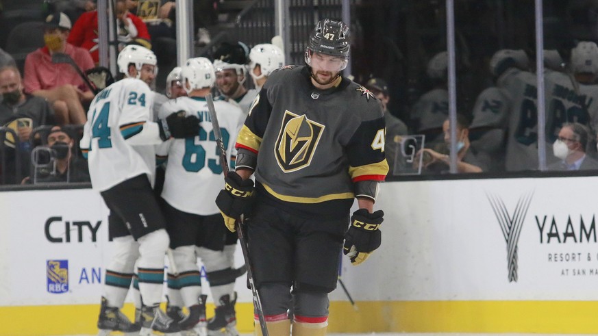 Vegas Golden Knights left wing Sven Baertschi (47) retreats towards center ice as the San Jose Sharks celebrate a goal by Sharks&#039; Adam Raska (57) in the second period of an NHL hockey preseason g ...