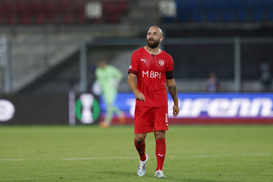 Vaduz? Tunahan Cicek reacts after the Europa Conference League soccer match of Group E between Liechtenstein?s FC Vaduz and Cypriot?s Apollon Limassol FC at the Rheinpark stadium in Vaduz, Thursday, S ...