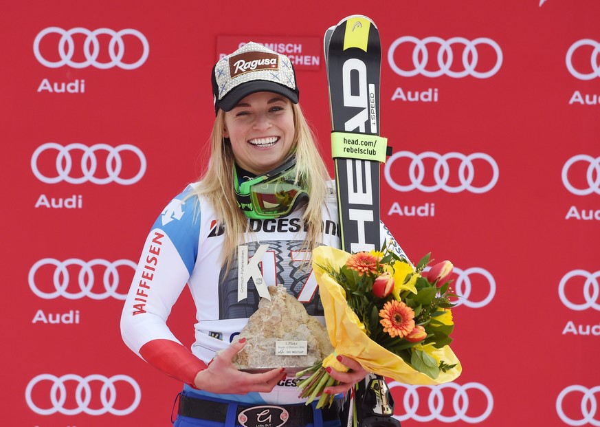 epa05147786 Switzerland's Lara Gut celebrates at the victory ceremony after winning the Women's Super G race of the Alpine Skiing World Cup in Garmisch Partenkirchen, Germany, 07 February 20 ...