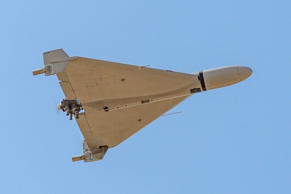 Iranian Shahed Drones Iranian-made Shahed-136 Kamikaze drone flies over the sky of Kermanshah, Iran on March 7, 2024. Iran fired over 100 drones and ballistic missiles on Saturday, April 13, 2024, in  ...