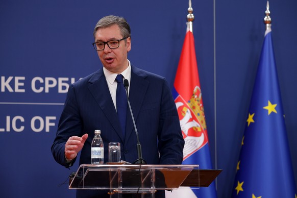 epa11958125 Serbian President Aleksandar Vucic talks during a joint press conference with the president of Burundi following their meeting in Belgrade, Serbia, 12 March 2025. The president of Burundi  ...