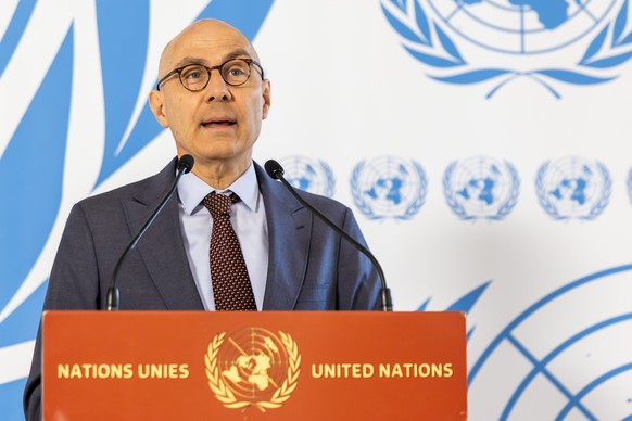 U.N. High Commissioner for Human Rights Volker Turk (Tuerk) speaks to the media during a stake out giving an update on the Middle East crisis, at the European headquarters of the United Nation in Gene ...