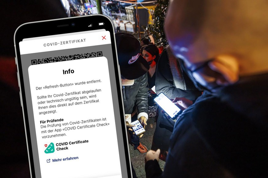 Bei Einlasskontrollen sollte man das Handy nicht aus der Hand geben. Zertifikat-Kontrolleure sollten die Prüf-App des Bundes verwenden. Der «Refresh»-Button verschwindet.