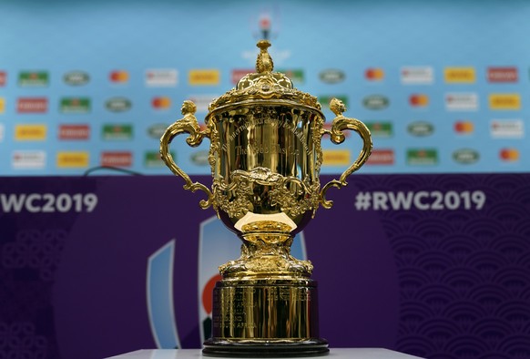 epa07848061 The Webb Ellis Cup is displayed during the Rugby World Cup 2019 opening press conference in Tokyo, Japan, 17 September 2019. The Rugby World Cup 2019 will kick-off on 20 September. EPA/FRA ...