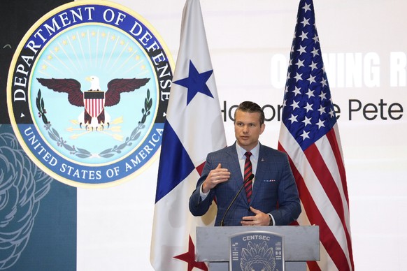 U.S. Secretary of Defense Pete Hegseth speaks during the Central American Security Conference in Panama City, Wednesday, April 9, 2025. (AP Photo/Matias Delacroix)
Panama US