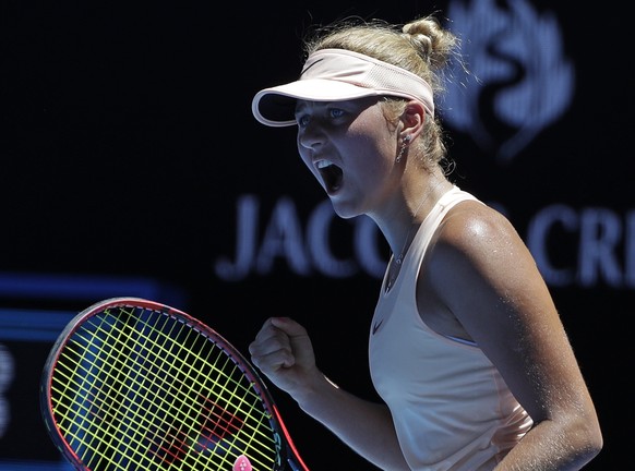 Ukraine's Marta Kostyuk celebrates a point win over Australia's Olivia Rogowska during their second round match at the Australian Open tennis championships in Melbourne, Australia, Wednesday ...