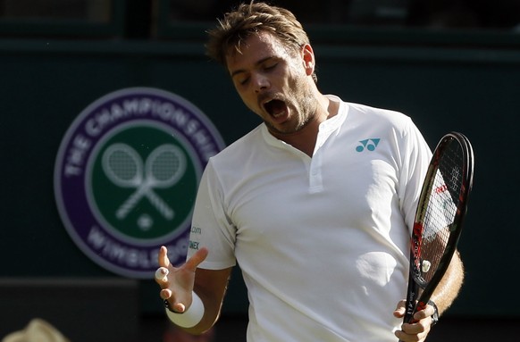 Switzerland&#039;s Stan Wawrinka reacts during his Men&#039;s Singles Match against Russia&#039;s Daniil Medvedev on the opening day at the Wimbledon Tennis Championships in London Monday, July 3, 201 ...