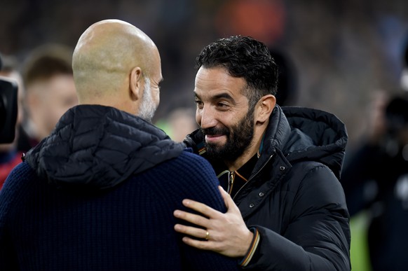 epa11778868 Manchester City?s manager Pep Guardiola (L) and Manchester United manager Ruben Amorim (R) interact during the English Premier League soccer match between Manchester City and Manchester Un ...