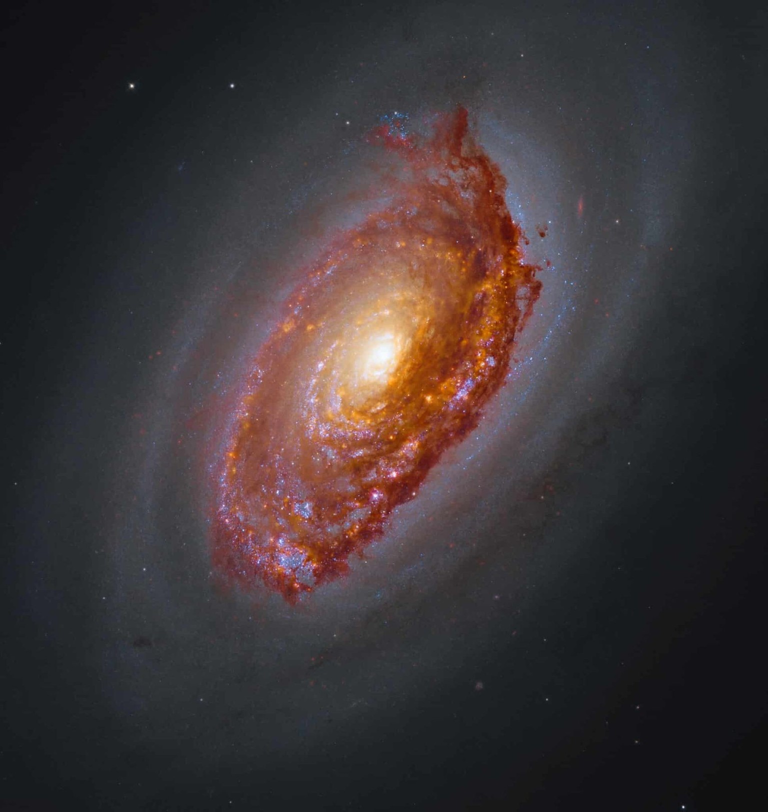 Dieses zusammengesetzte Bild von Messier 64 ist eine Kombination aus Aufnahmen des Hubble- und des James-Webb-Weltraumteleskops. Webb hat das Galaxiensystem im nahen und mittleren Infrarotbereich aufg ...